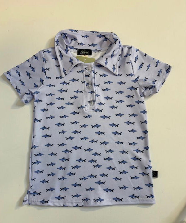 Mini Shark Boy Collar Shirt shark print toddler boy boutique KH Baby Texas