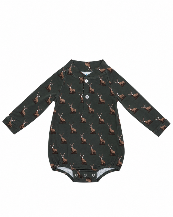 Harbor and Hound henley bubble in whitetail deer print for baby boys, KH Baby