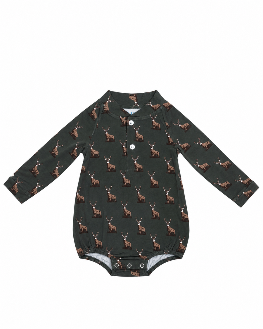 Harbor and Hound henley bubble in whitetail deer print for baby boys, KH Baby