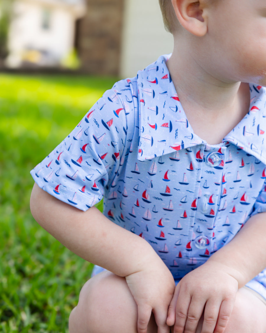 Sail Away Boy Collar Shirt nautical print poly cotton toddler boy KH Baby Texas
