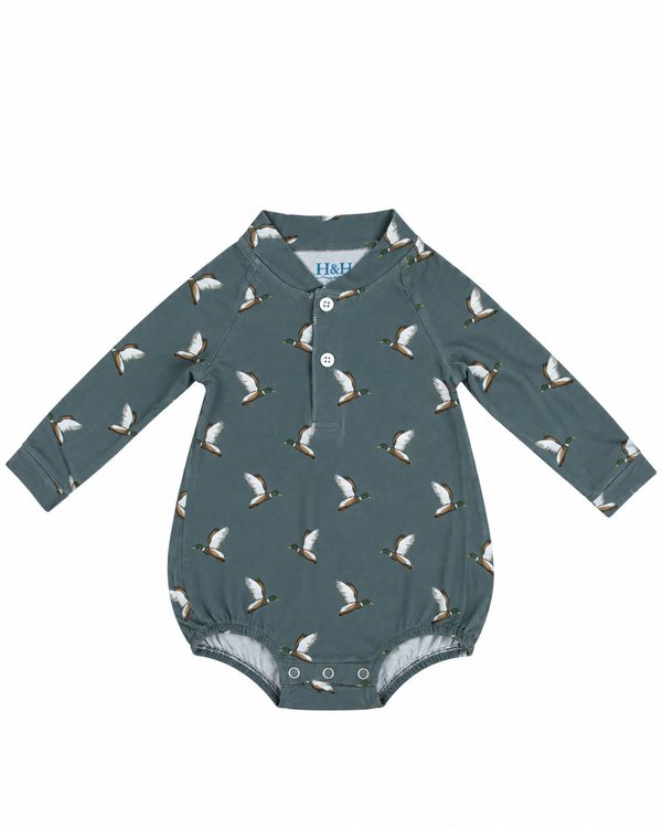 Harbor and Hound henley bubble in flying mallards print for baby boys, KH Baby
