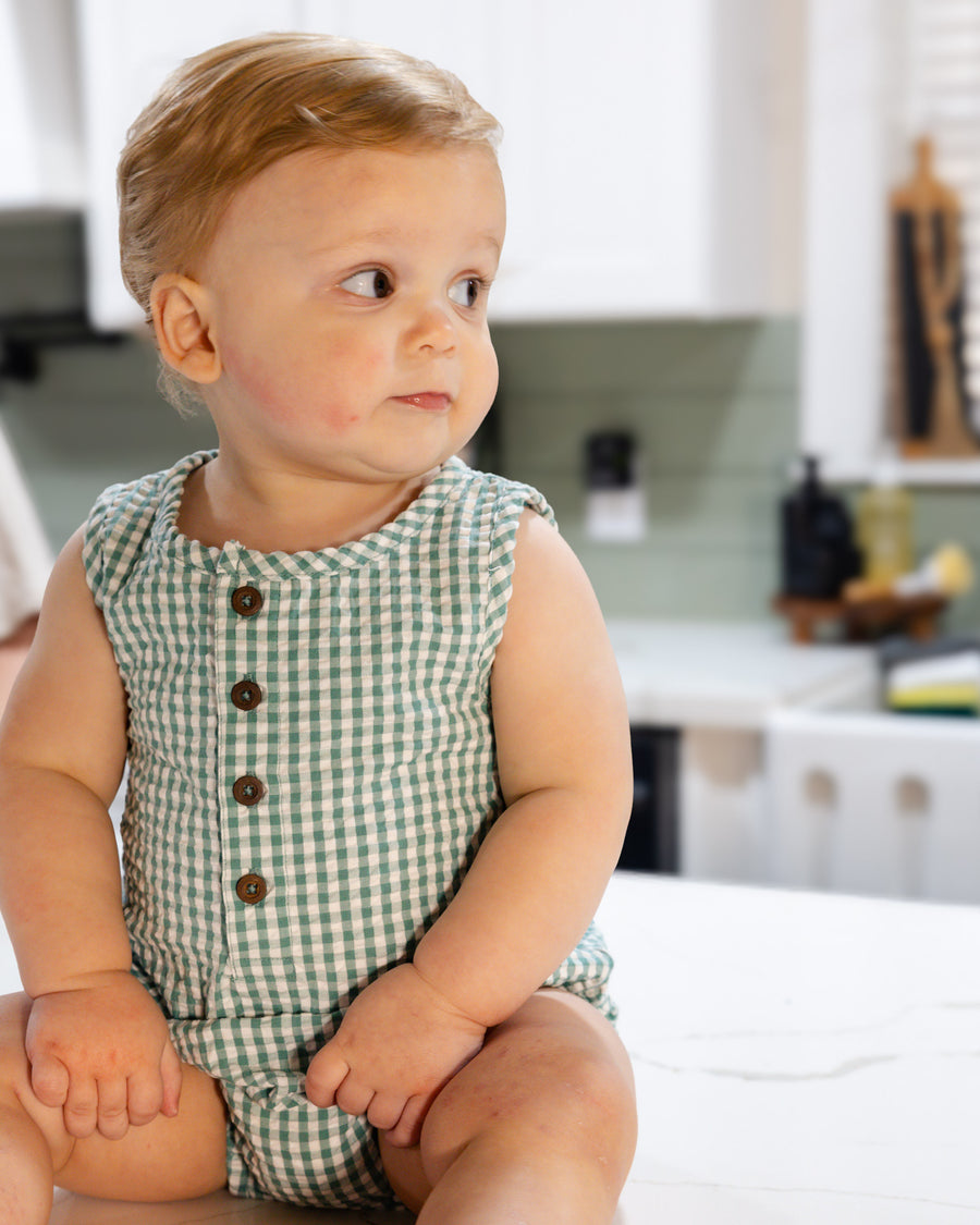 Wren Seersucker Bubble Romper - Laguna Gingham