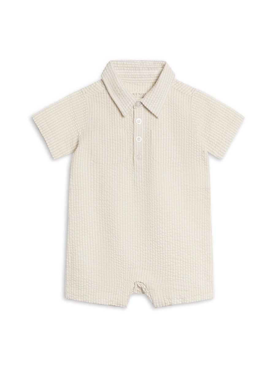 Mato Seersucker Collared Romper - Dune Stripe