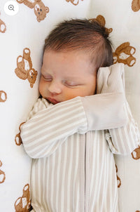 Taupe stripe ribbed bamboo zip footie for babies from KH Baby in Port Neches, Texas