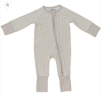 Taupe stripe ribbed bamboo zip footie, view 3