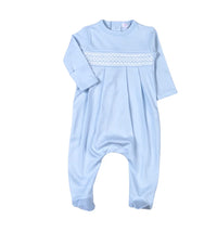 Blue pima hand smocked footie for newborn boys from KH Baby in Port Neches, Texas