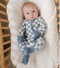 Blue checkered ribbed bamboo zip footie, view 3