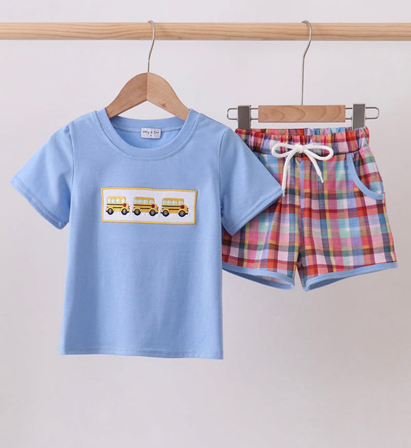 Blue Bus Embroidered Plaid Set