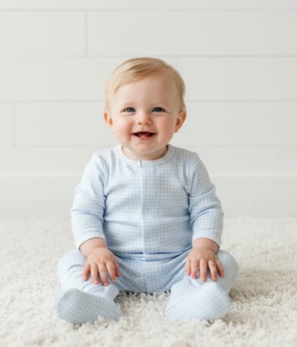 Blue gingham snap footie for newborn boys from KH Baby in Port Neches, Texas