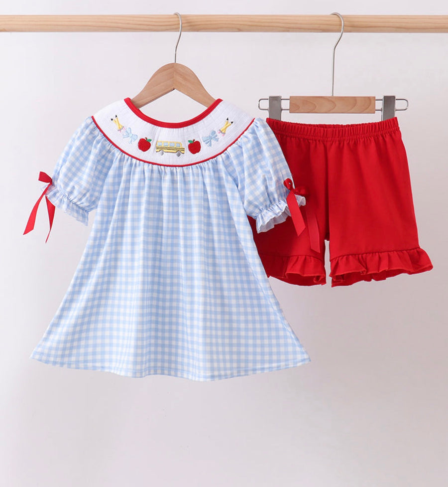 Blue School Bus Smocked Gingham Ruffle Shorts Set