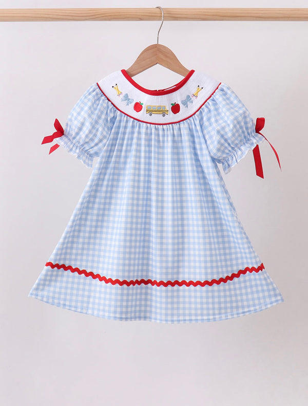Blue School Bus Smocked Gingham Dress
