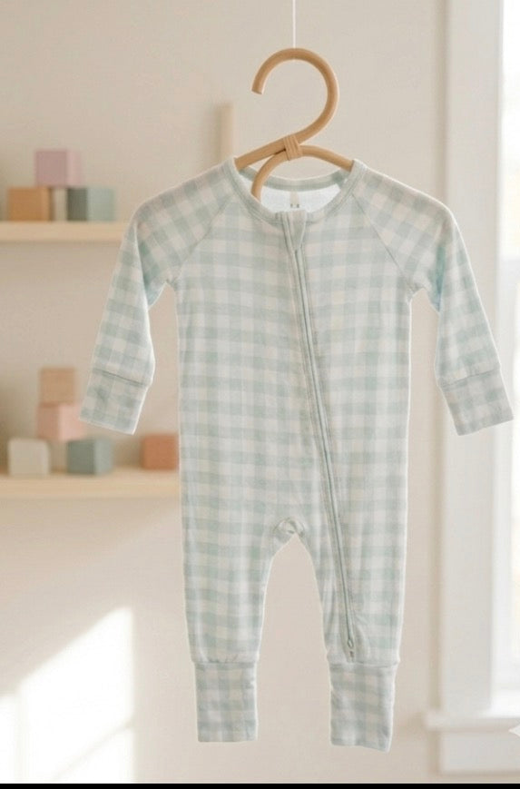 Mint Gingham Bamboo Romper baby sleep romper thermoregulating KH Baby Texas