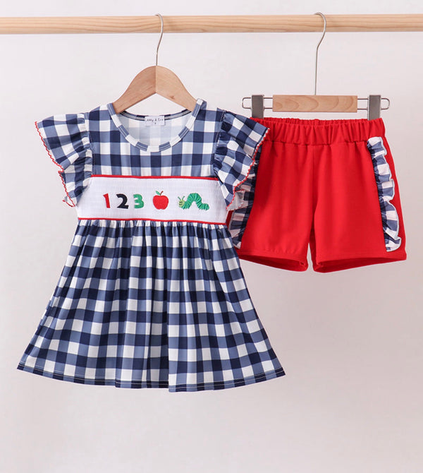 Navy Apple Smocked Ruffle Gingham Set