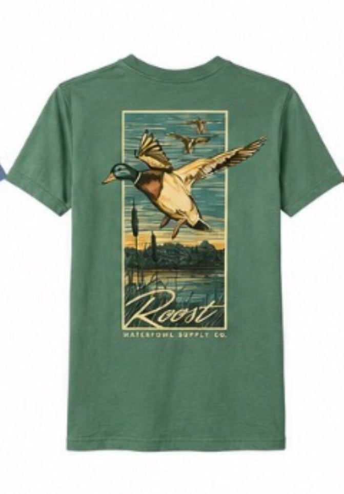 Roost Waterfowl First Light graphic tee in spruce for boys, KH Baby