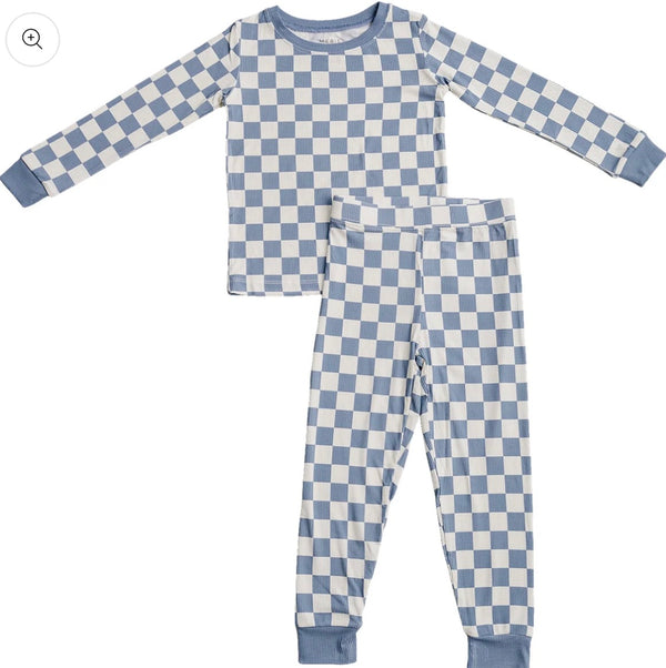 Blue checkered ribbed bamboo pajama set for boys from KH Baby in Port Neches, Texas