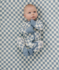 Blue checkered ribbed bamboo zip footie, view 2
