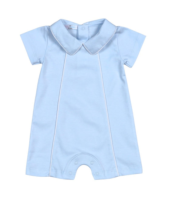 Blue pima playsuit with white trim for baby boys from KH Baby in Port Neches, Texas
