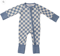 Blue checkered ribbed bamboo zip footie for babies from KH Baby in Port Neches, Texas