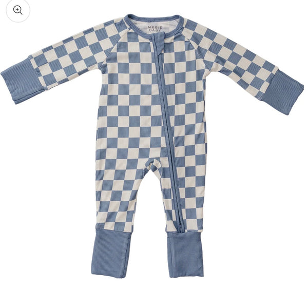 Blue checkered ribbed bamboo zip footie for babies from KH Baby in Port Neches, Texas