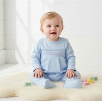 Blue pima hand smocked footie, view 2