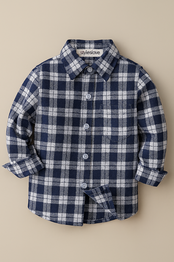 Navy and white plaid button down shirt for boys from KH Baby in Port Neches, Texas