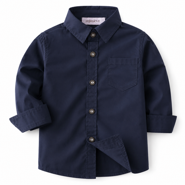 Navy blue cotton button down shirt for boys from KH Baby in Port Neches, Texas