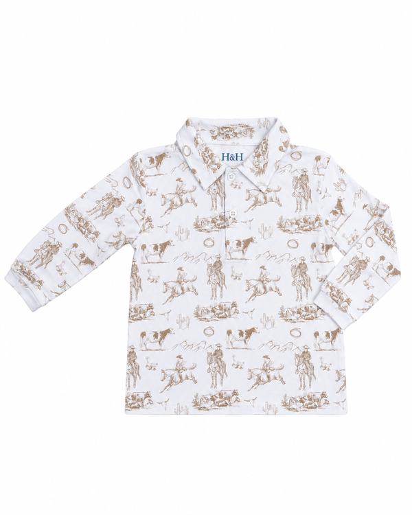 Harbor and Hound long sleeve Pier Polo in western print for boys, KH Baby