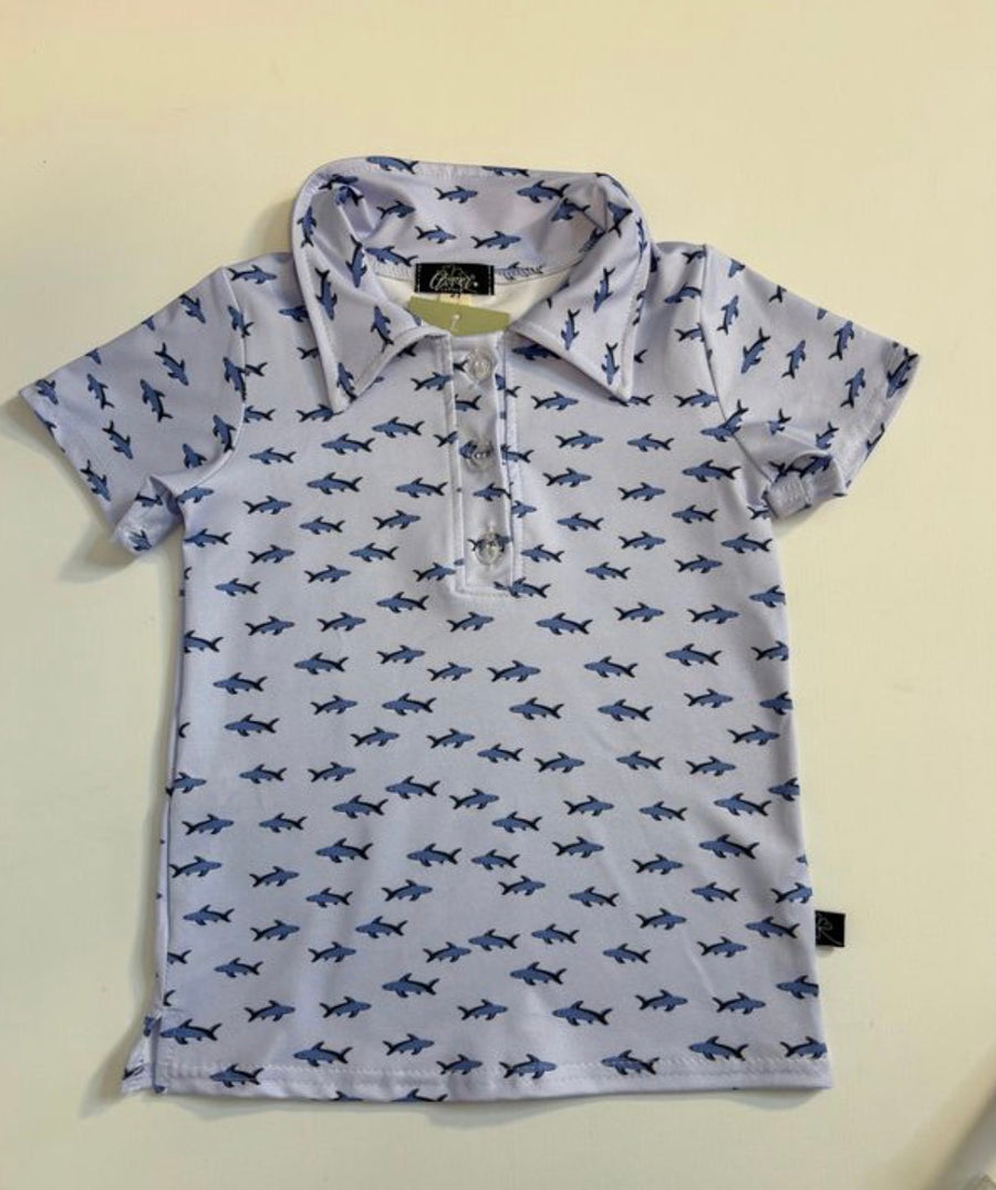 Mini Shark Boy Collar Shirt shark print toddler boy boutique KH Baby Texas